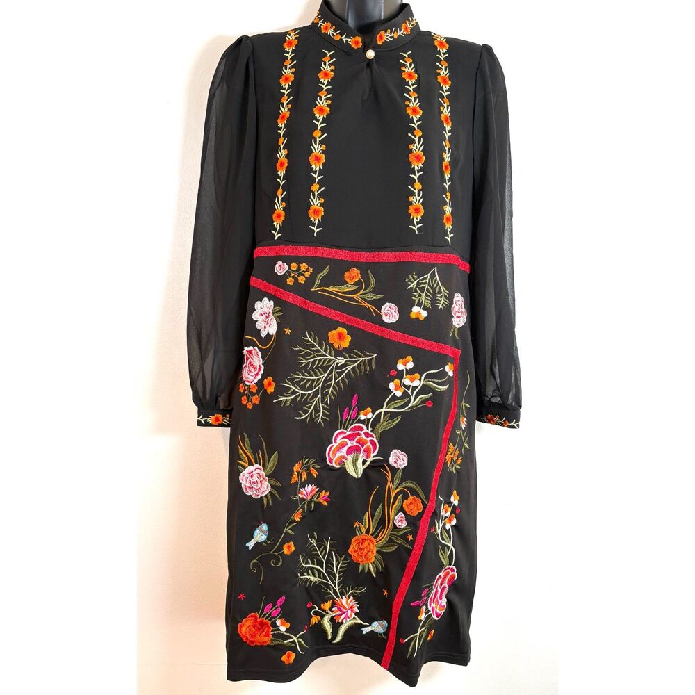 NWOT Vicky and Lucas Midi Dress  M Black Chiffon Embroidery Floral Party Formal